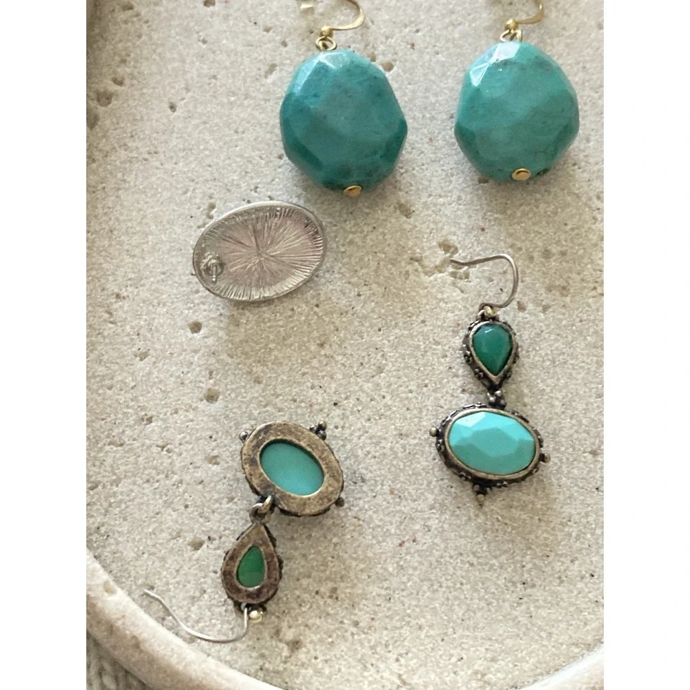 Teal‎ Blue Earrings Set Of 3 Pair Stud Drop Dangle Boho Southwestern Style Artsy